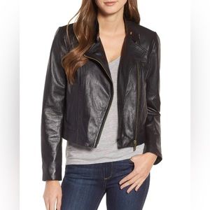 Michael Kors Black Lambskin Leather Gold Zip Jacket Size Small